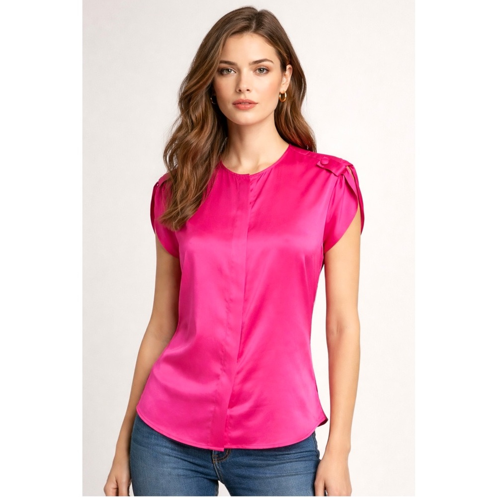 AKRIS Silk Satin Epaulet‎ Short Sleeve Crewneck Collarless Button Up Blouse L